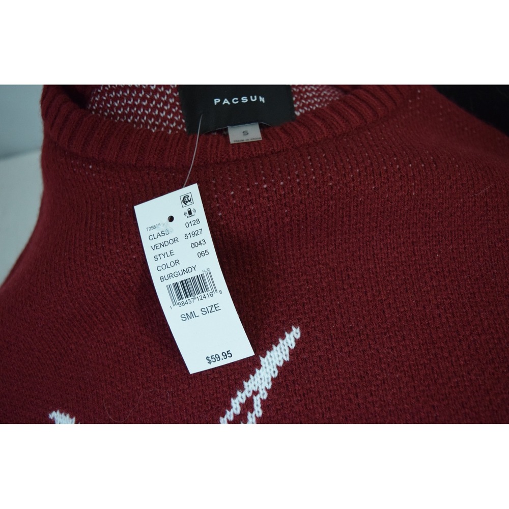 PacSun Flame Sweater Small Burgundy Distressed Hem Graphic Knit Mens Streetwear - Picture 5 of 6